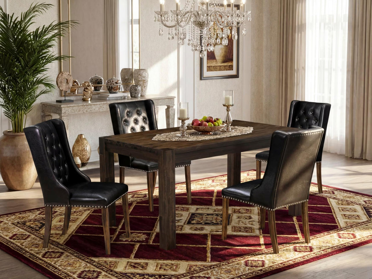 5 Piece Rustic Wood Dining Table Set with 4 Black Faux Leather Chairs H491744