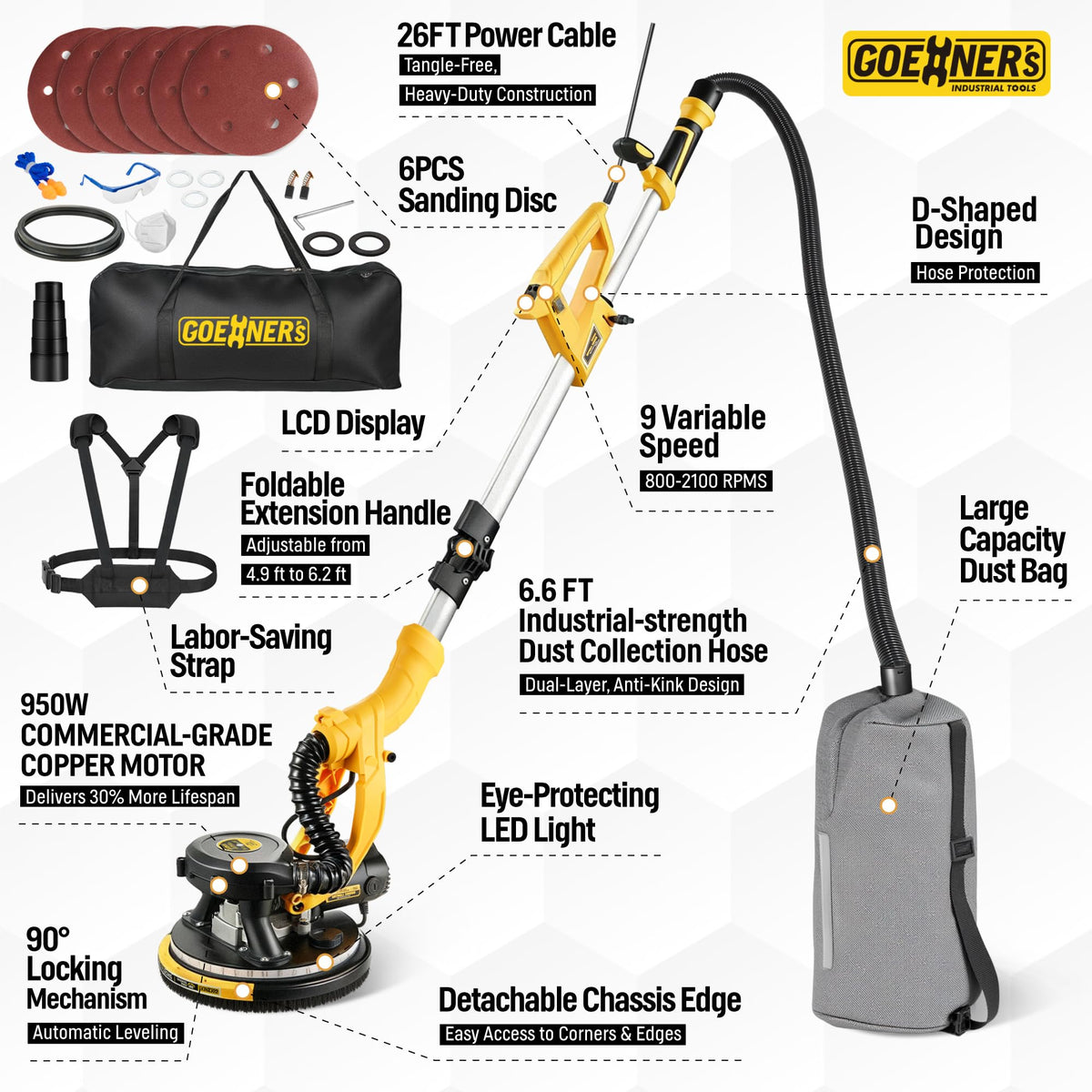 950W Electric Drywall Sander with Vacuum Dust Collector G8606