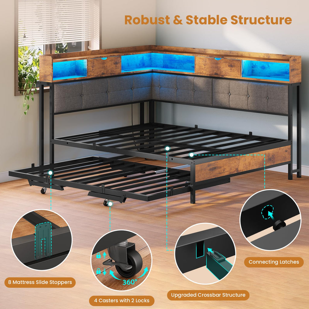 Black Corner Full Bed Frame with Trundle U84611