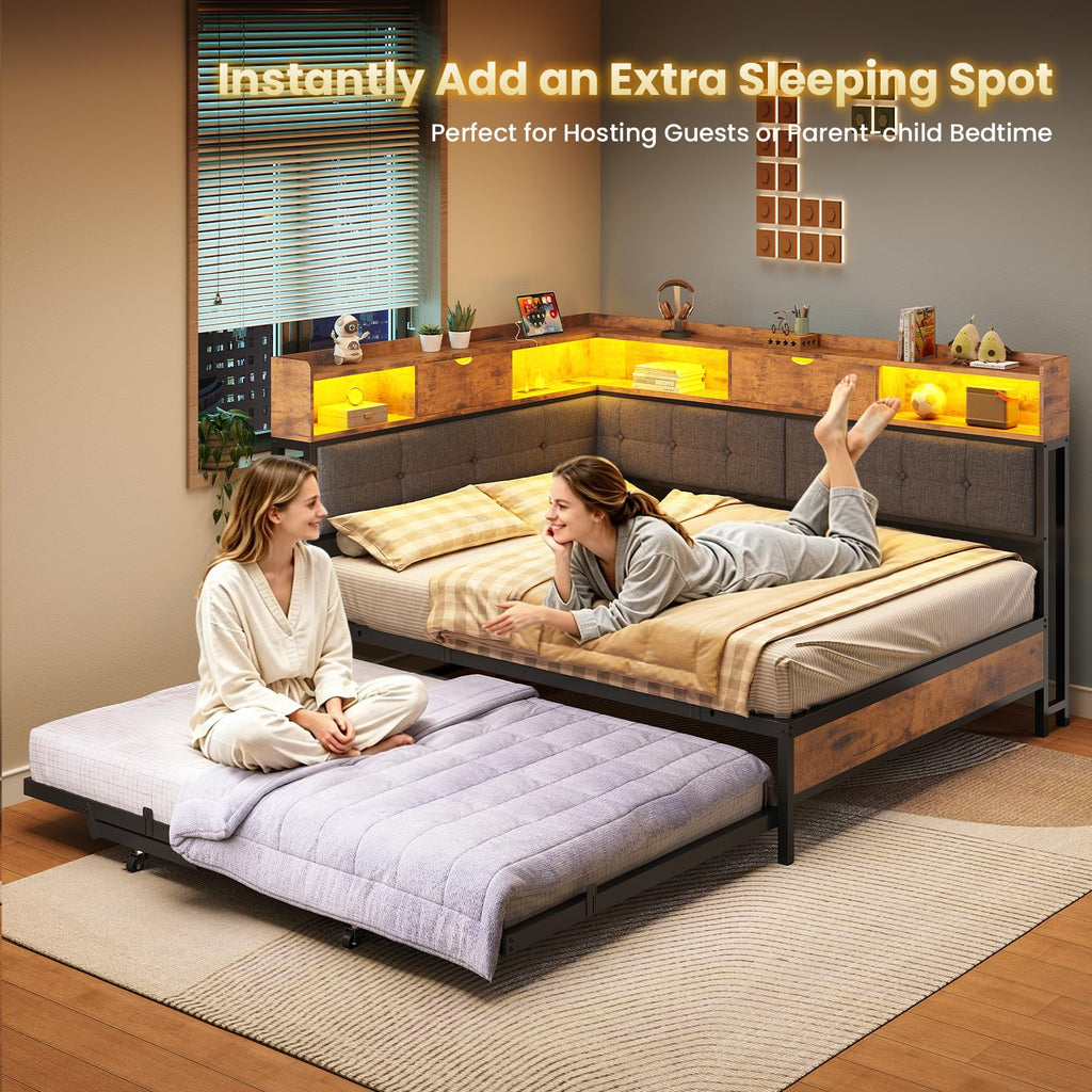 Black Corner Full Bed Frame with Trundle U84611