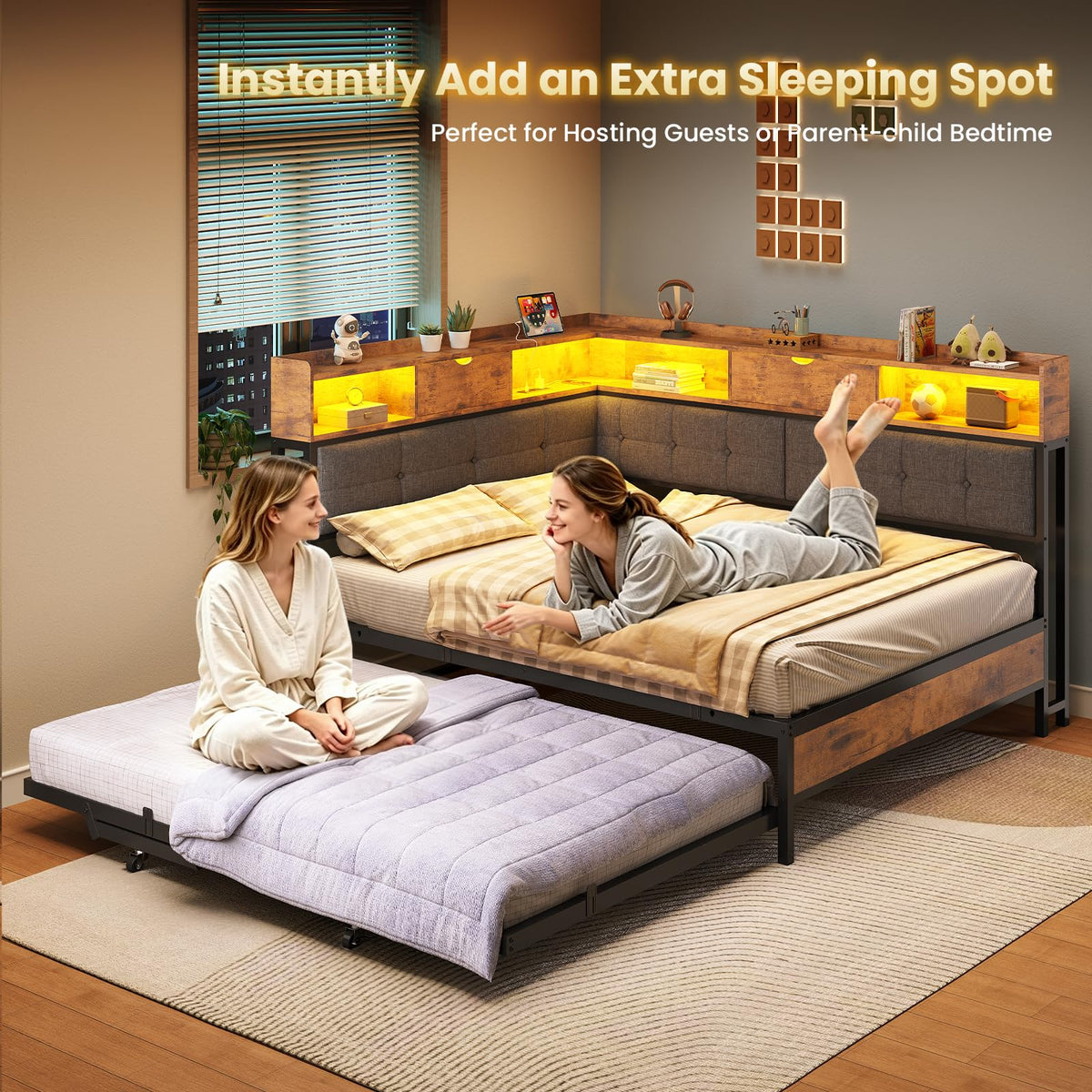 Black Corner Full Bed Frame with Trundle U84611