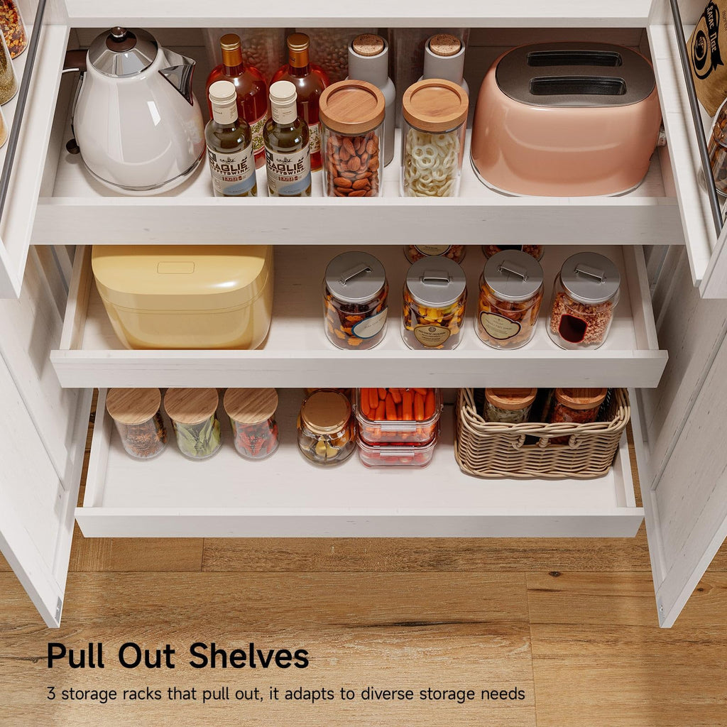 71" Off-White Kitchen Pantry Cabinet with 3 Pull-Out Shelf & 2 Drawer P3515