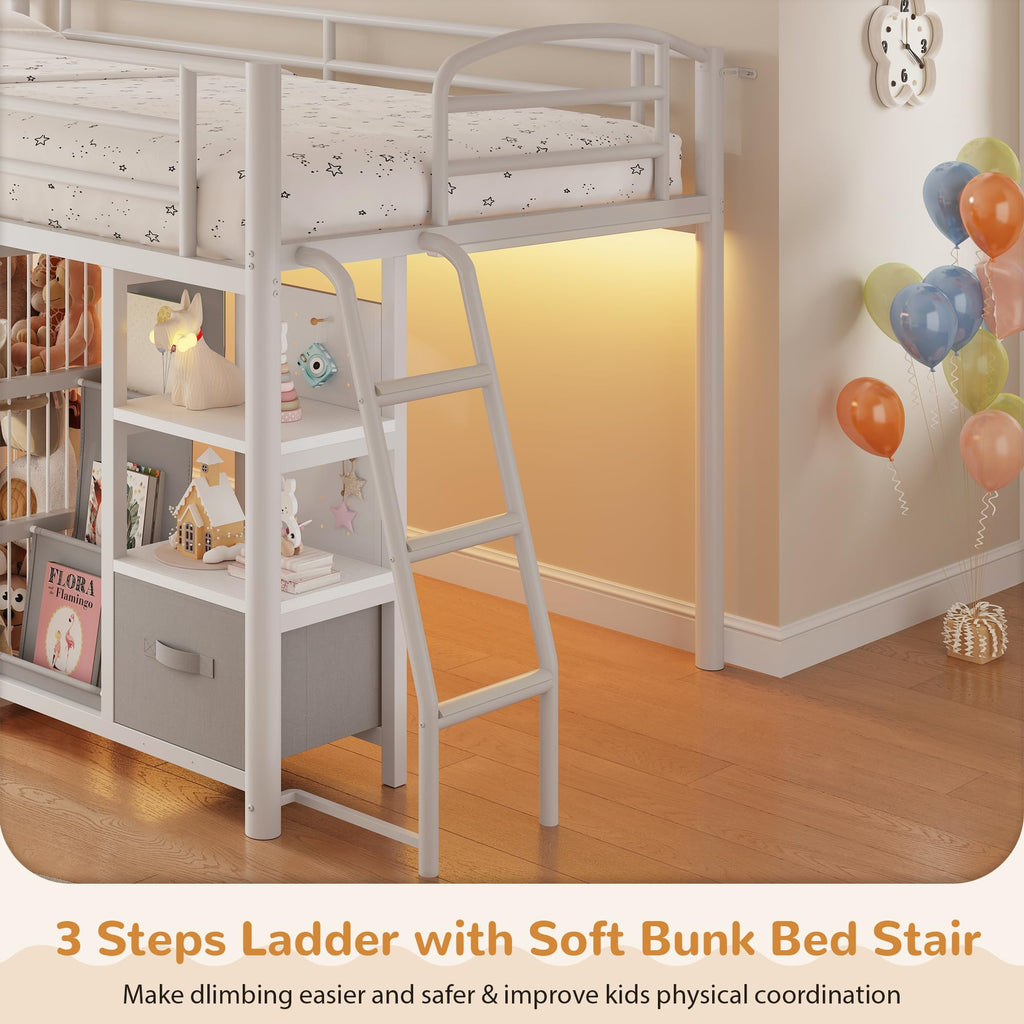 Twin Low Loft Bed with Storage Drawers and LED Lights P6335
