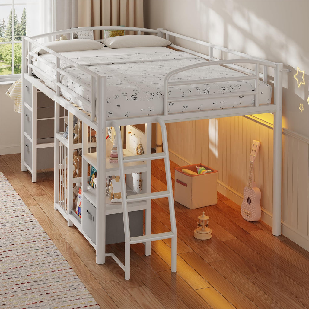Twin Low Loft Bed with Storage Drawers and LED Lights P6335