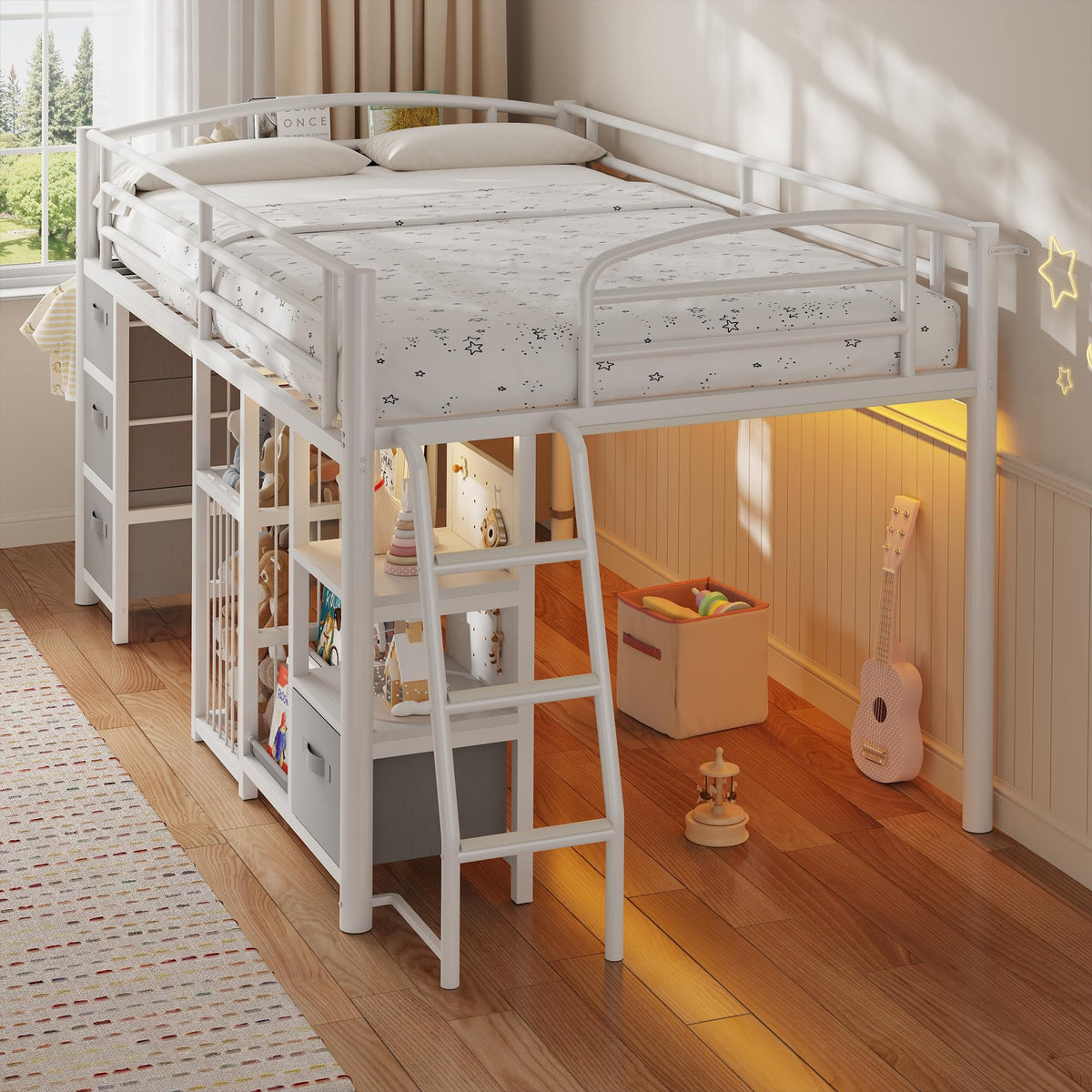 Twin Low Loft Bed with Storage Drawers and LED Lights P6335
