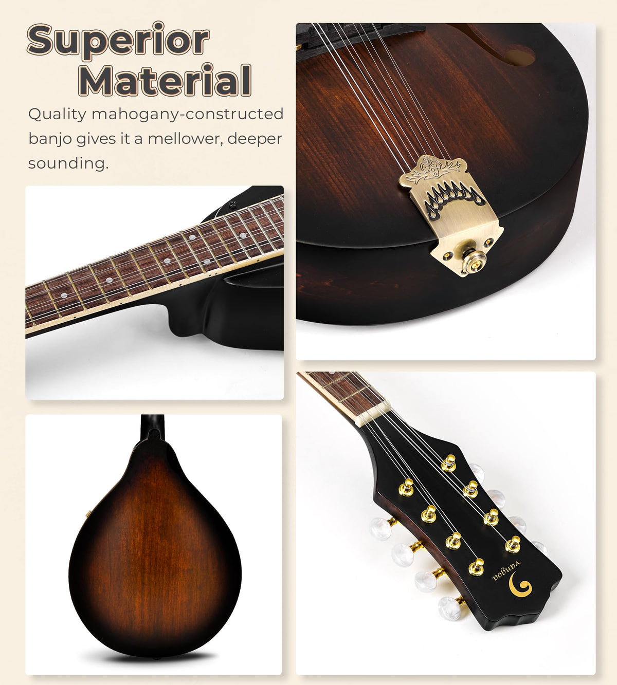 Acoustic Mandolin Instrument Solid Spruce Top 8 String Dark Brown G154