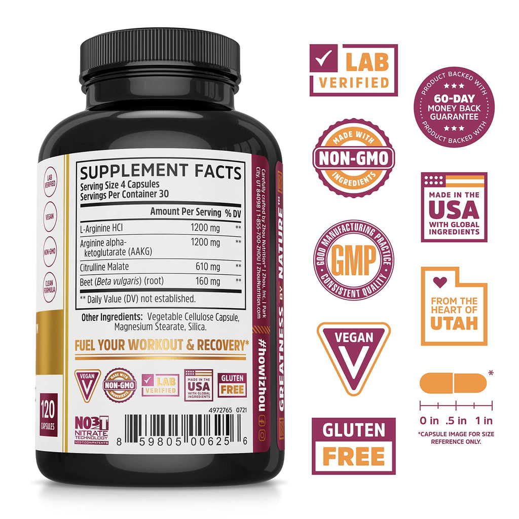 Nitric Oxide Supplement with Beet Root & L Arginine, 120 Veggie Capsules D344296