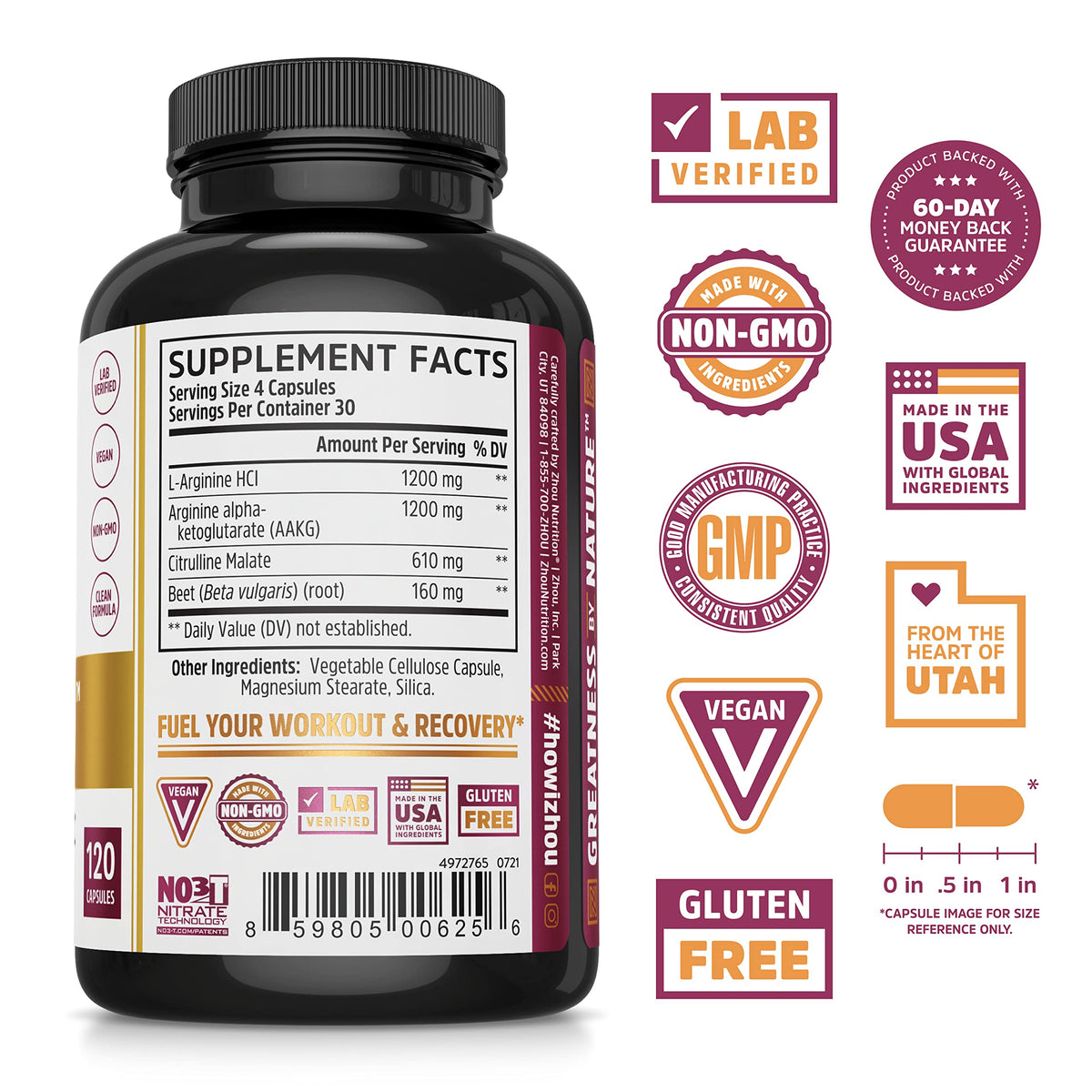 Nitric Oxide Supplement with Beet Root & L Arginine, 120 Veggie Capsules D344296