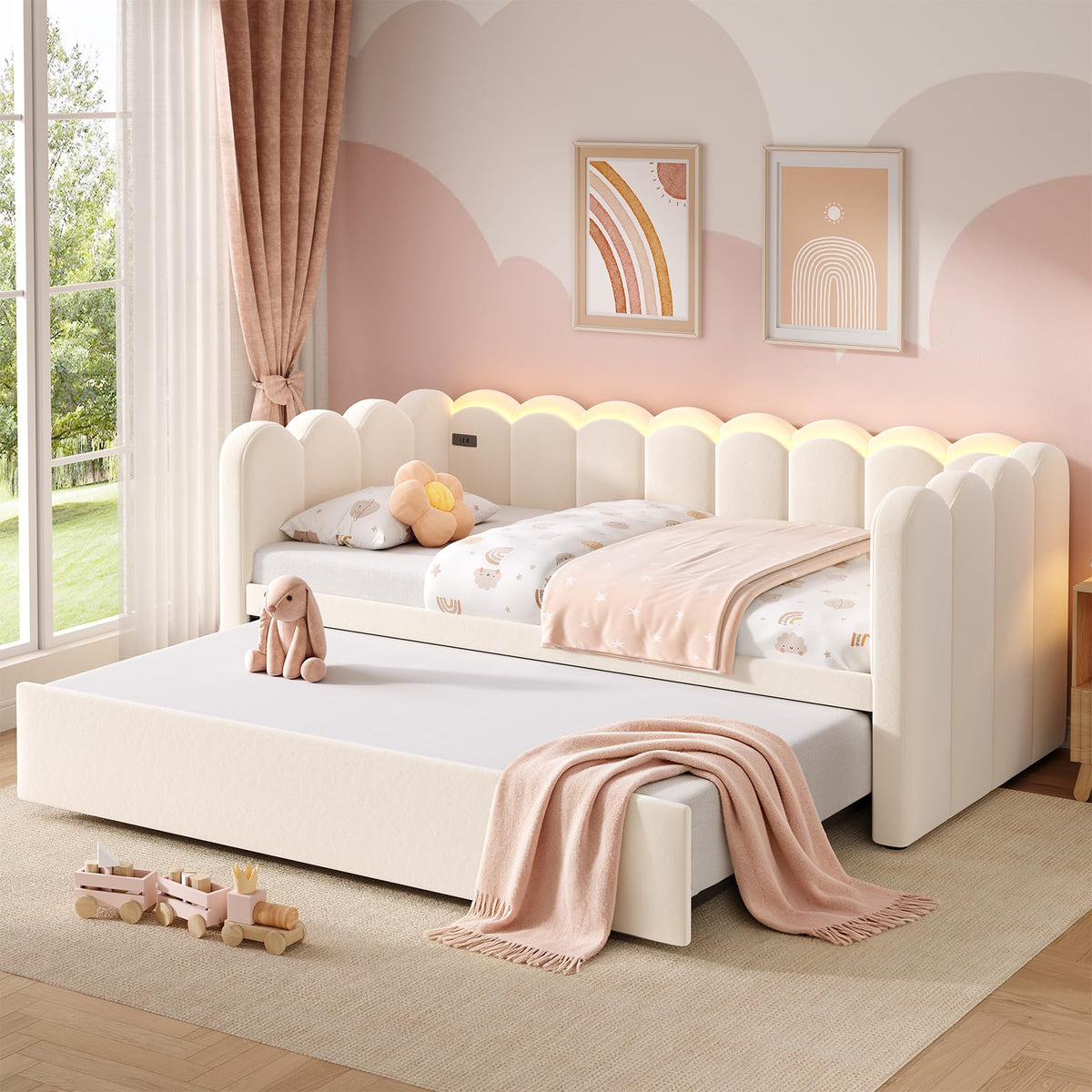 Beige Twin Velvet Upholstered Daybed with Pop Up Trundle D8316