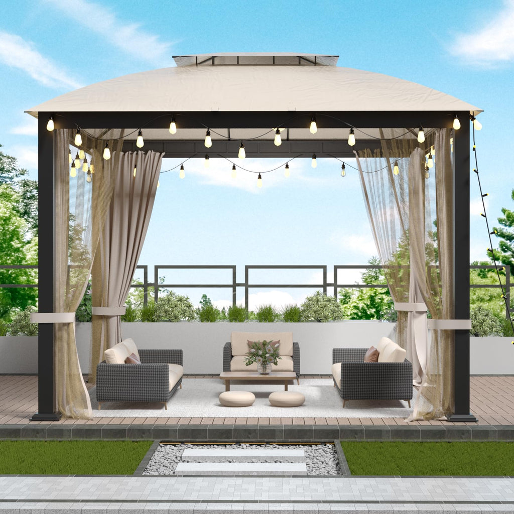 10x10 FT Soft Top Gazebo Canopy with Mosquito Netting & Privacy Curtains D8316