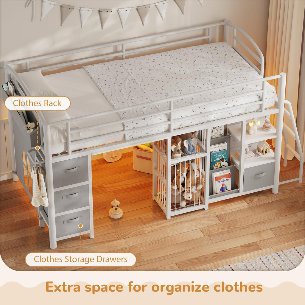 Twin Low Loft Bed with Storage Drawers and LED Lights P6335
