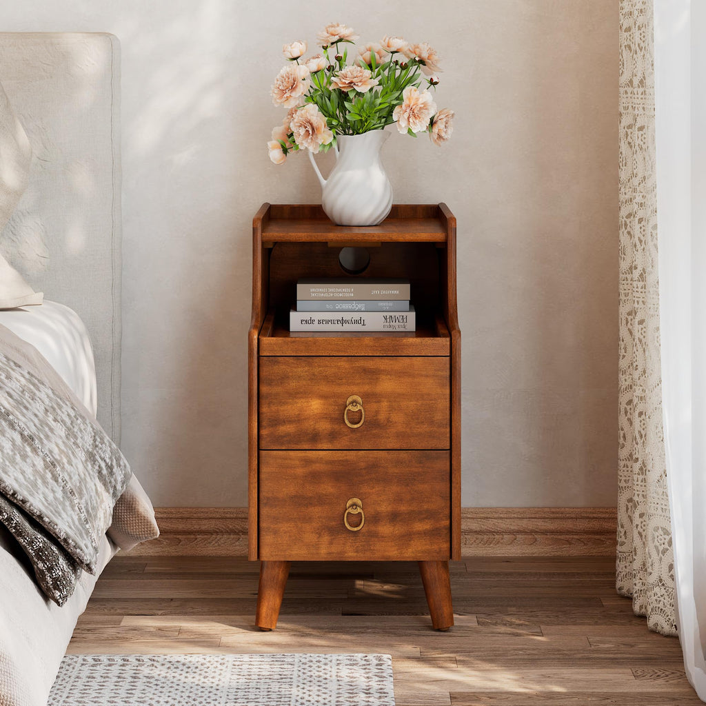 Solid Wood Narrow Nightstand with 2 Drawers F675