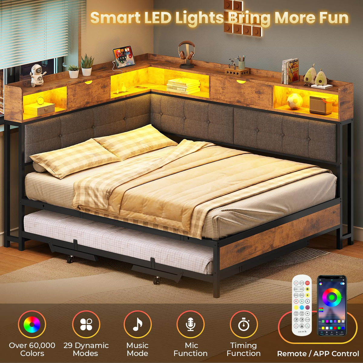 Black Corner Full Bed Frame with Trundle U84611