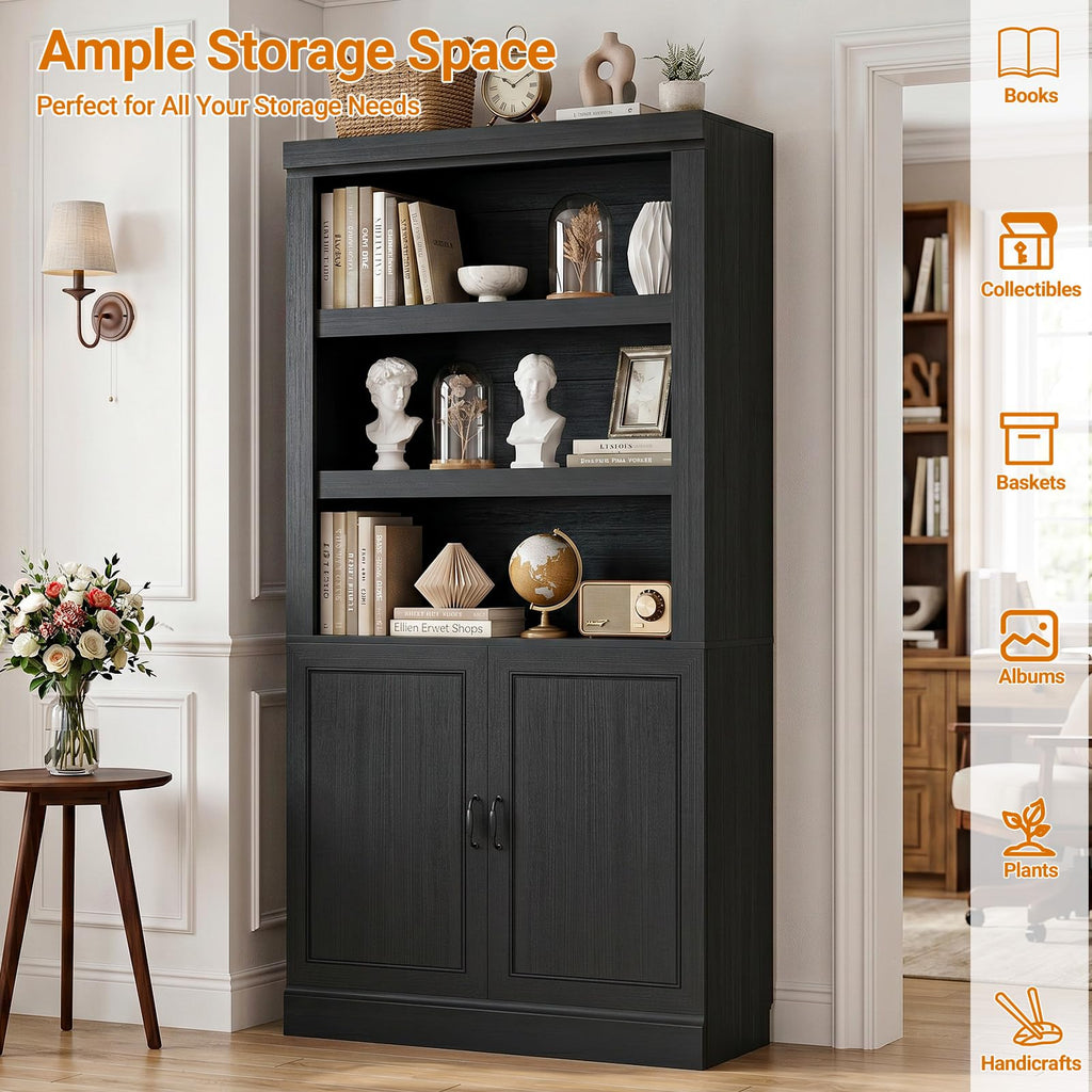 71" Tall Black Bookshelf with Doors and Adjustable Shelves M367