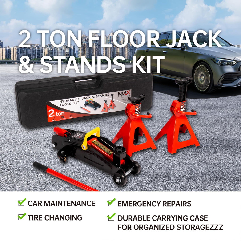 2-Ton Hydraulic Low Profile Trolley Floor Jack with Case and 1 Pair 2 Ton Jack Stands Z91596