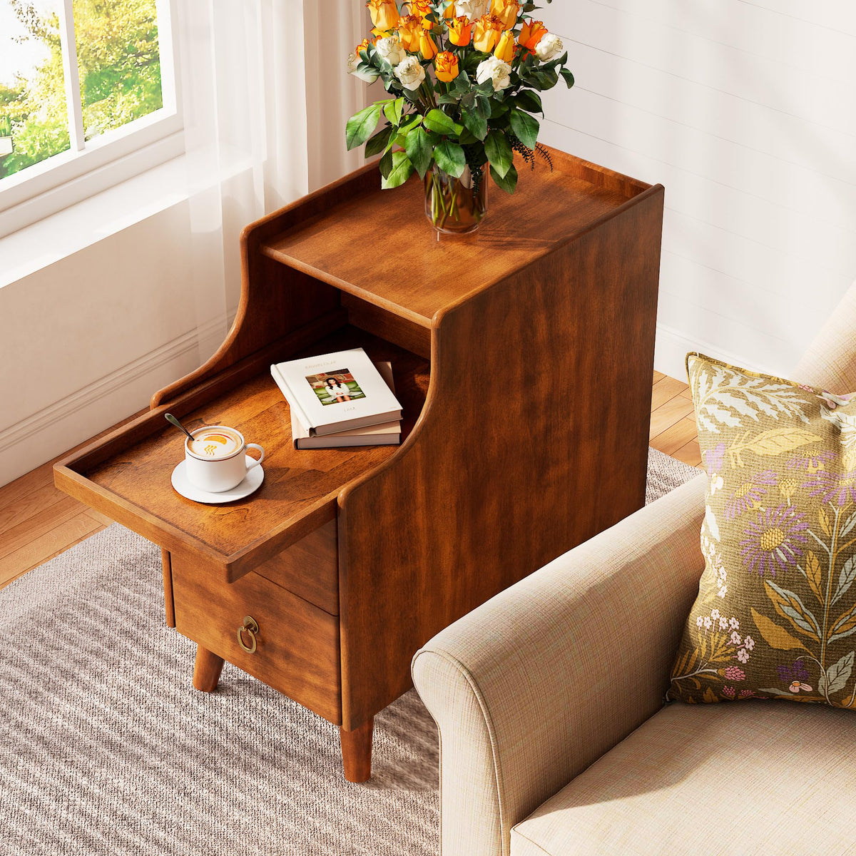 Solid Wood Narrow Nightstand with 2 Drawers F675