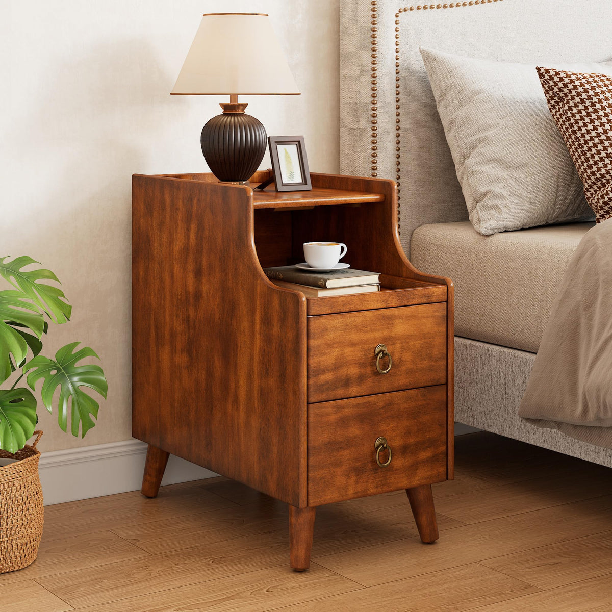 Solid Wood Narrow Nightstand with 2 Drawers F675