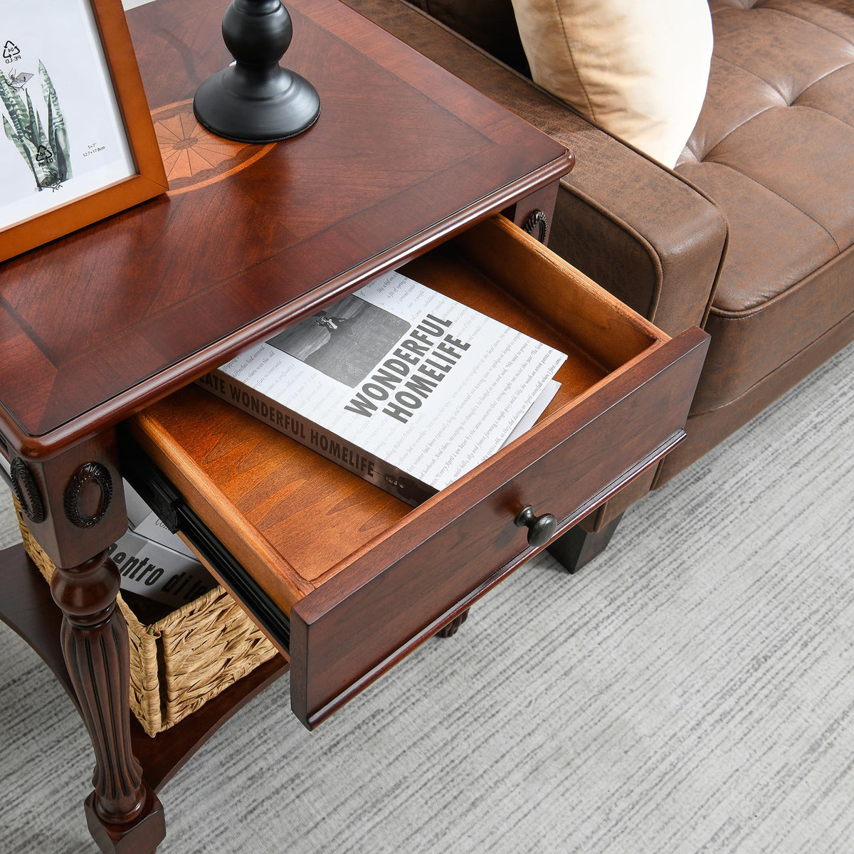 Solid Wood Side Table with Drawer and Storage Shelf G426232