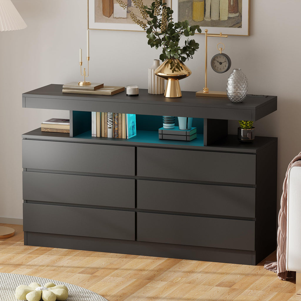 Black Dresser with Charging Station and LED Lights Y85334