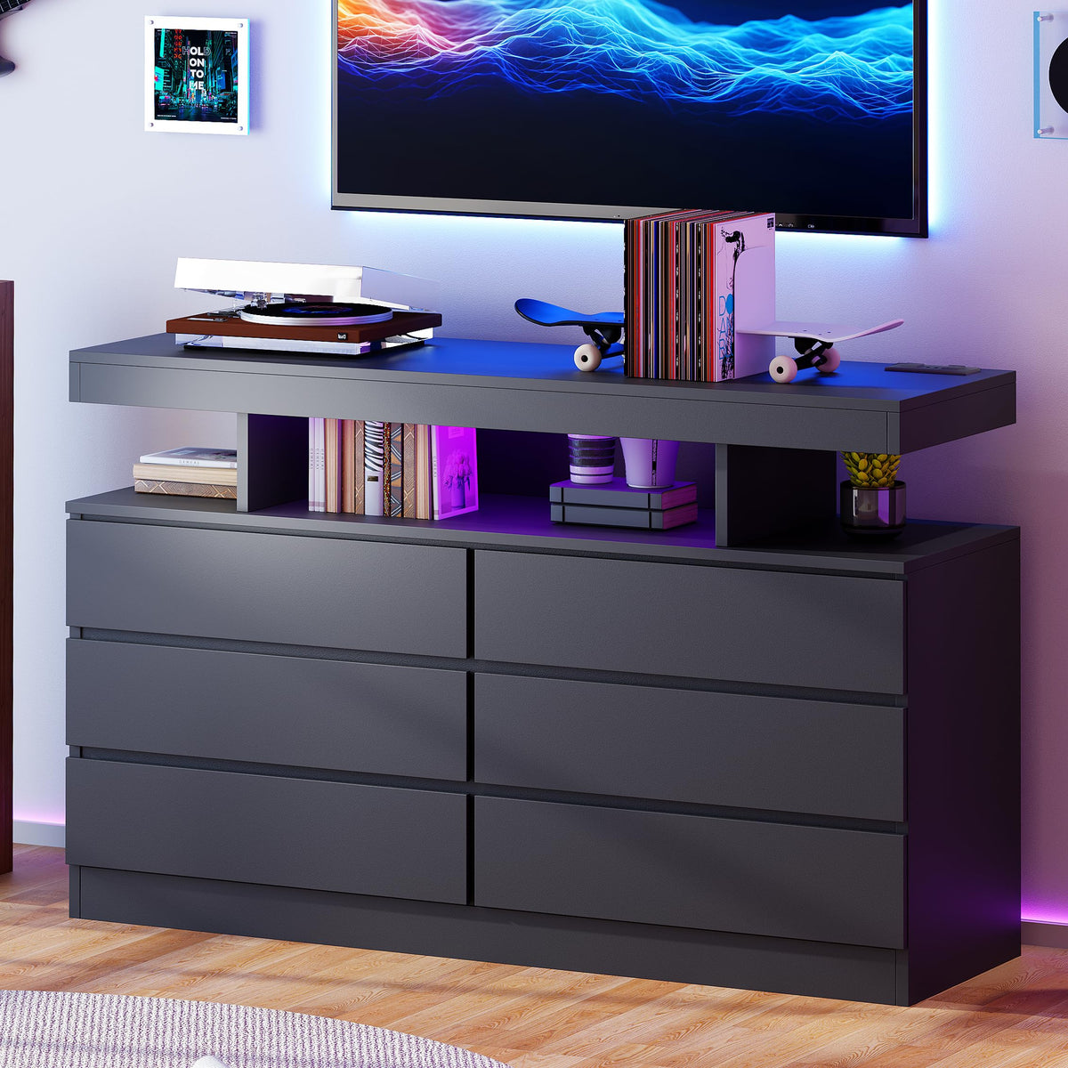 Black Dresser with Charging Station and LED Lights Y85334